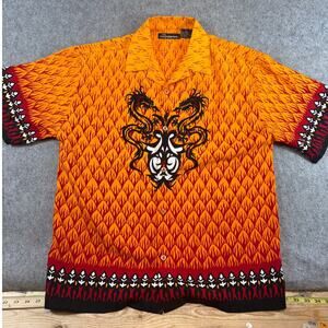 No Boundaries Button Up Shirt Mens Medium Orange Dragon Flame AOP Oversized